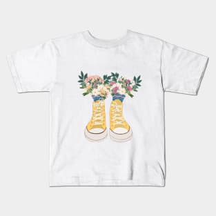 Yellow Sneakers With Wild Flowers Kids T-Shirt